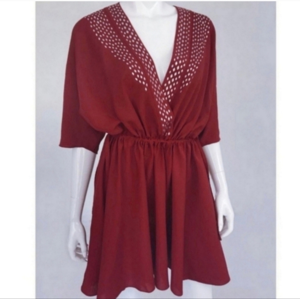 IRO Jilah Red Studded Wrap Mini Dress Cinch Waist Dolman Sleeve US 6